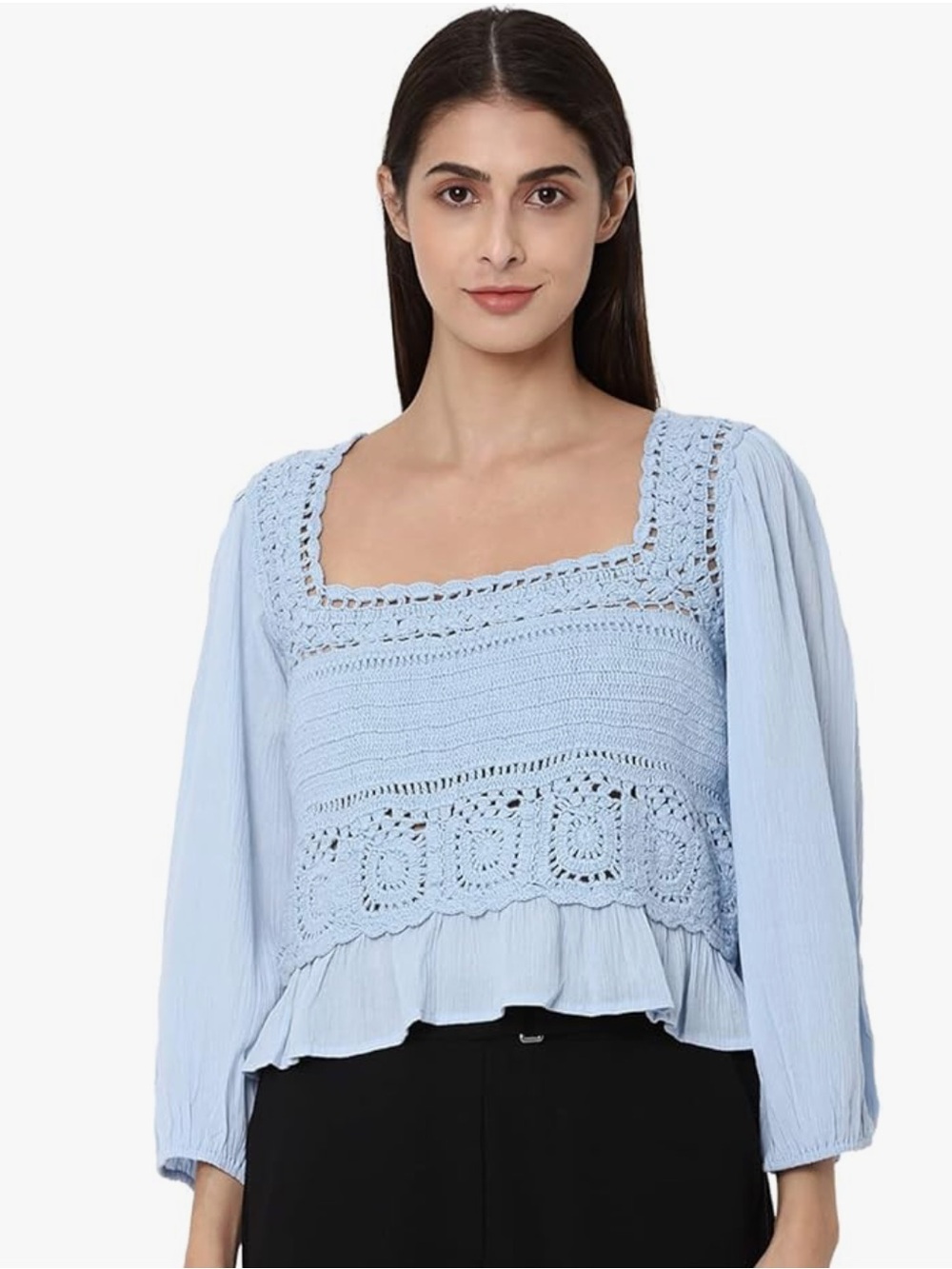 SIM & SAM Cornflower Crochet Square Neck Peplum Top XL Fairy Cottagecore Boho